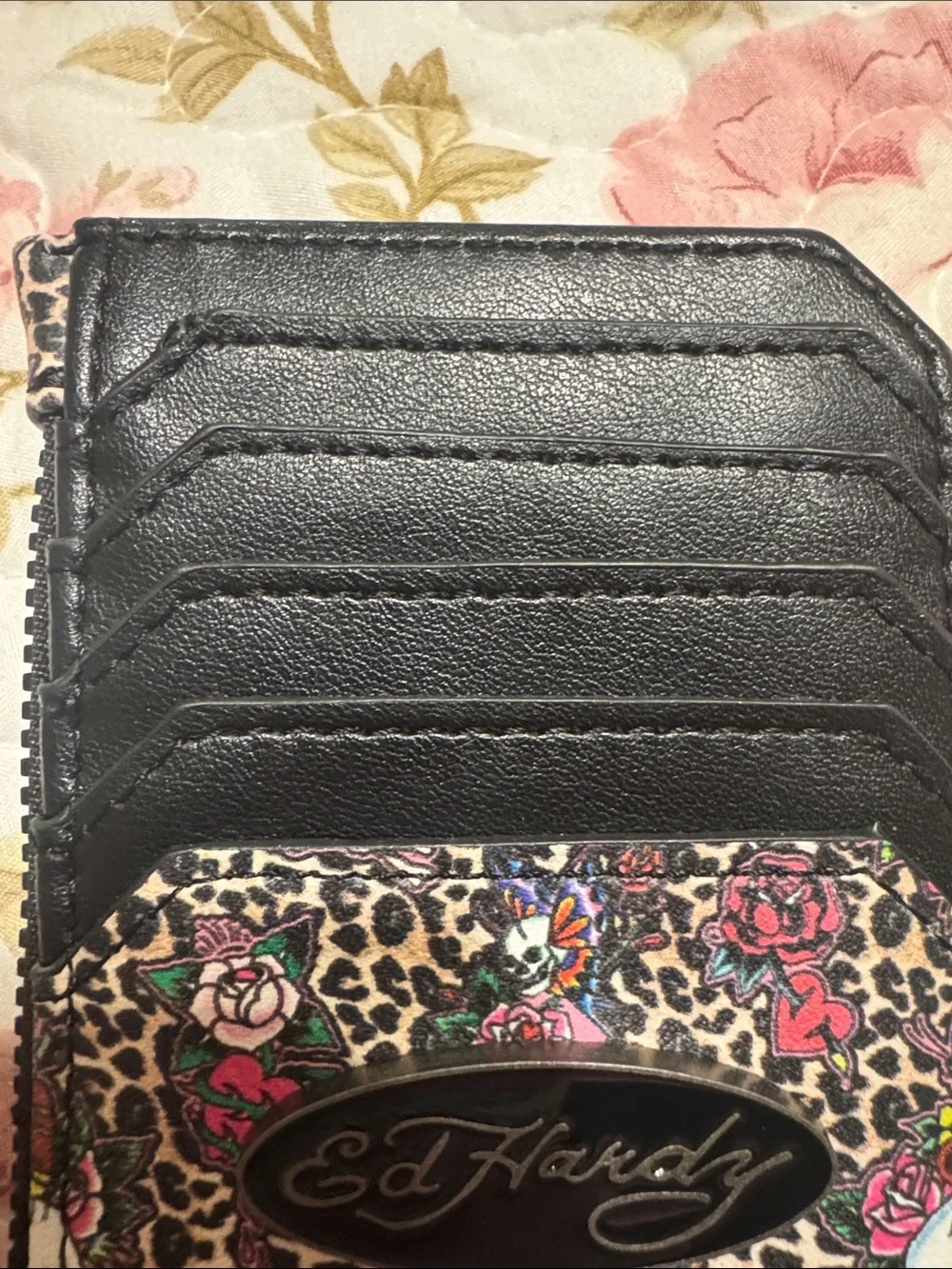 Ed Hardy Black Floral Leopard Zip Card Wallet with Pink & Green Accents